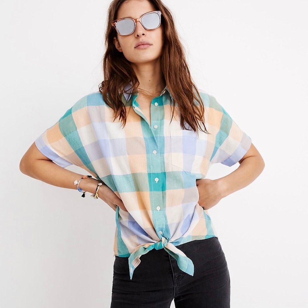 Madewell Short-Sleeve Tie-Front Shirt in Oversized Gingham Check